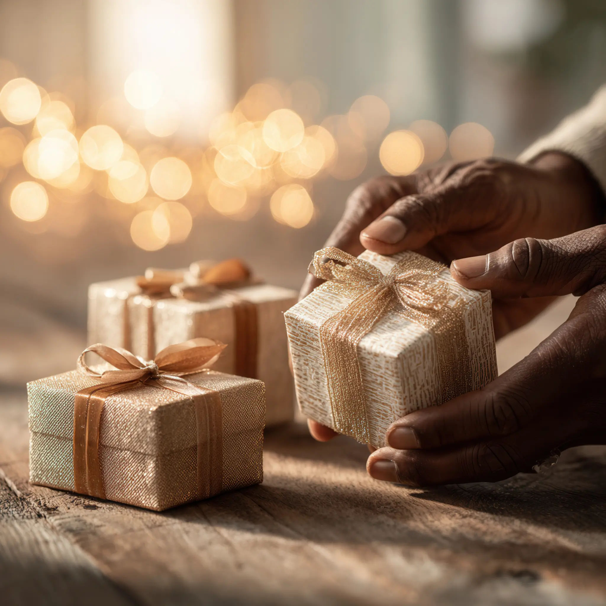 Close-up of Caribbean hands opening small luxury gift boxes with golden ribbons in warm festive lighting.