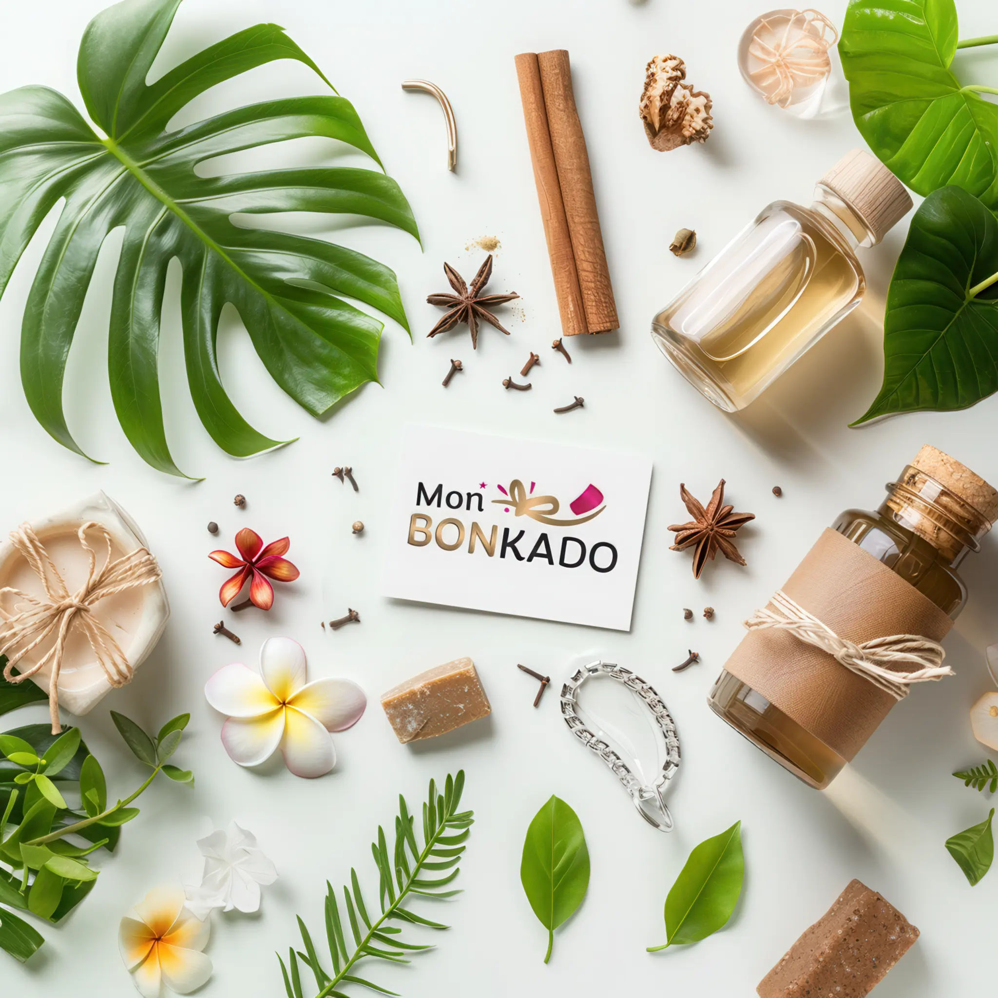Flatlay of MonBonKado gift card surrounded by tropical leaves, essential oils, spices, and handmade wellness items.
