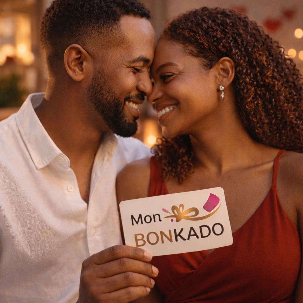 Couple souriant tenant une carte cadeau MonBonkado, idée cadeau romantique