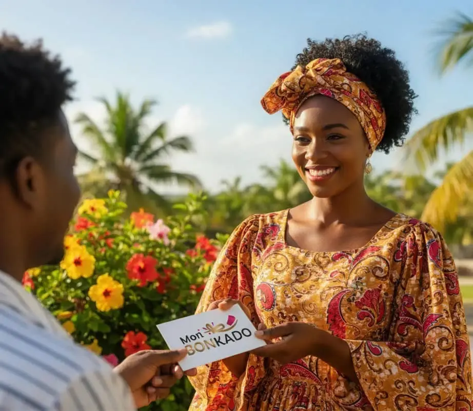 Femme caribéenne échangeant une carte cadeau MonBonKado dans un jardin tropical